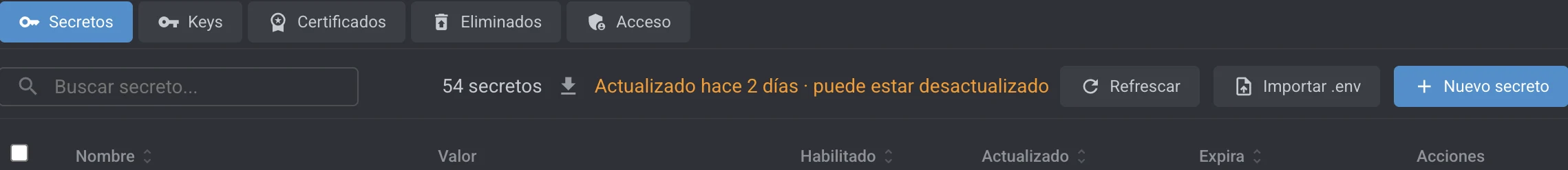 Barra de un Key Vault con importar .env y nuevo secreto